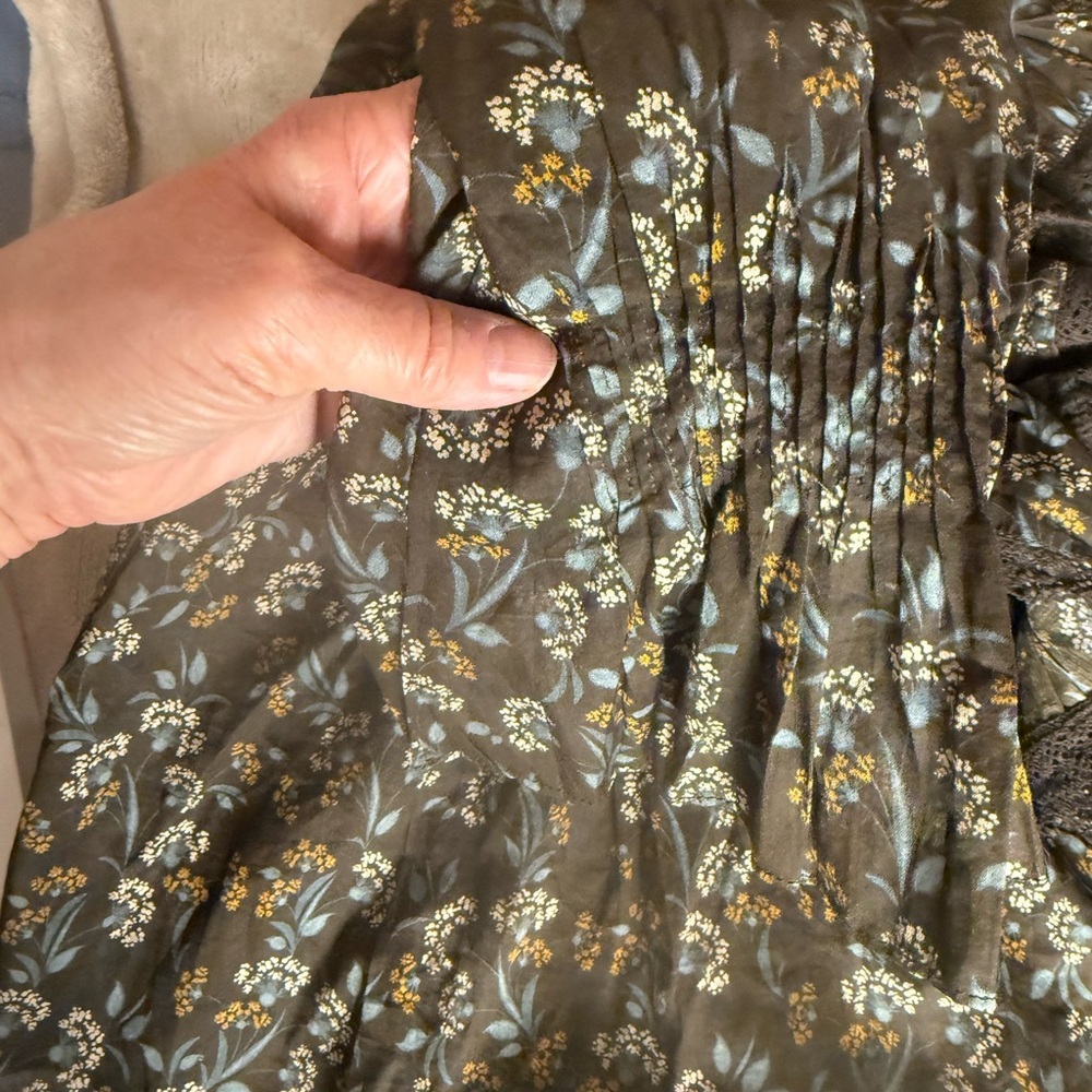 Fate 100% Cotton Floral Ruffle Pintuck‎ Blouse - Earthy Boho Brown S - Picture 6 of 7